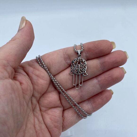 Hamsa Sterling Silver Pendant On Stainless Steel Rounded Box Chain - Picture 3 of 4